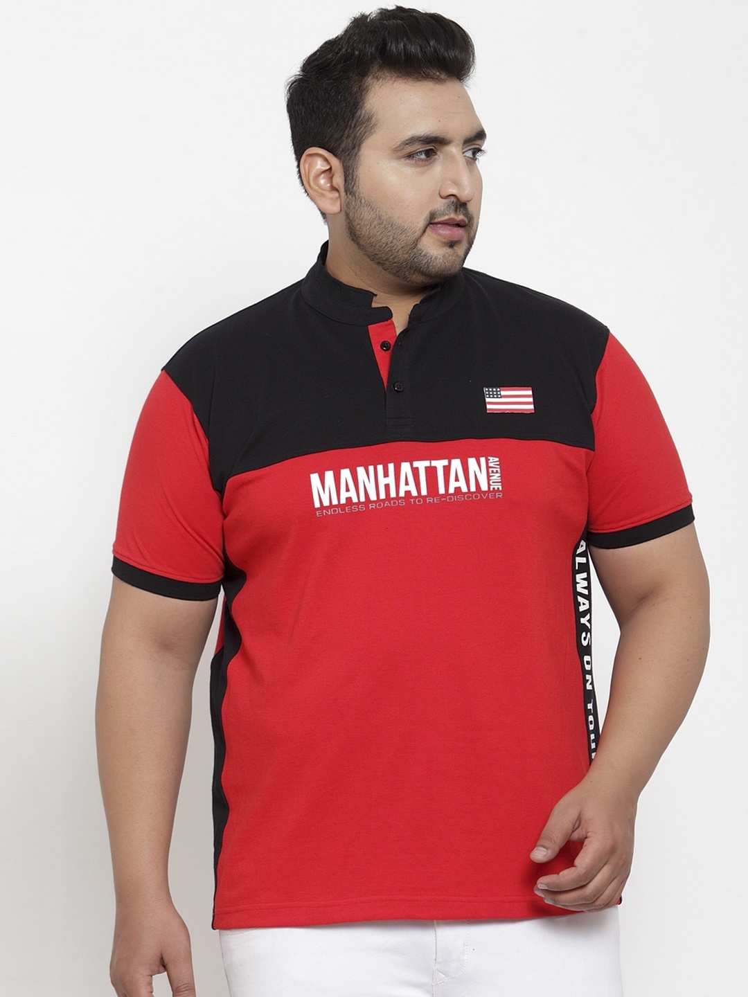 

plusS Men Red Printed Mandarin Collar T-shirt