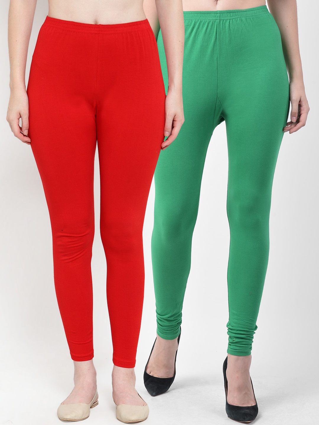 

GRACIT Women Pack of 2 Red & Green Solid Churidar-Length Leggings