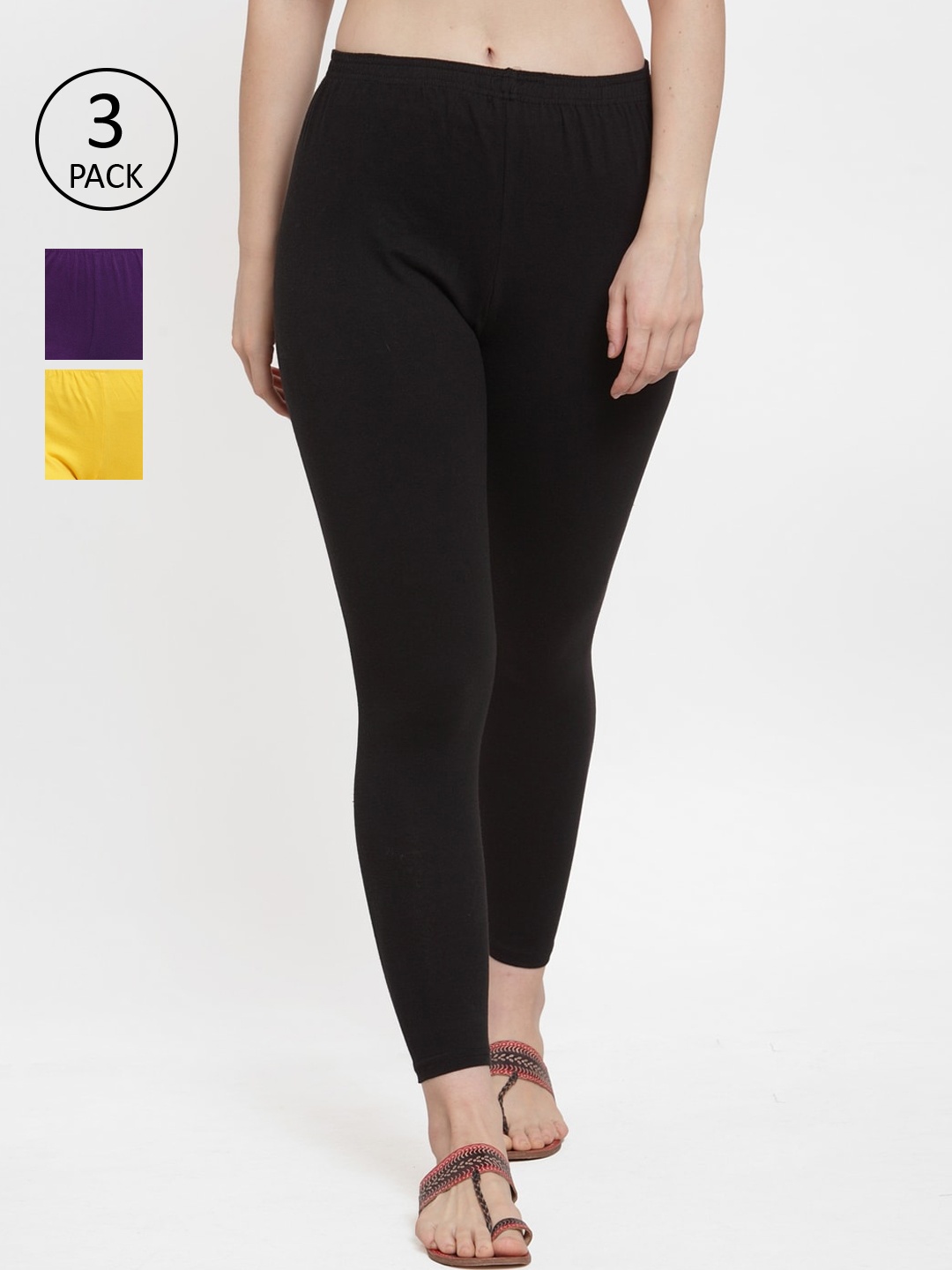 

GRACIT Women Pack of 3 Churidar-Length Leggings, Black