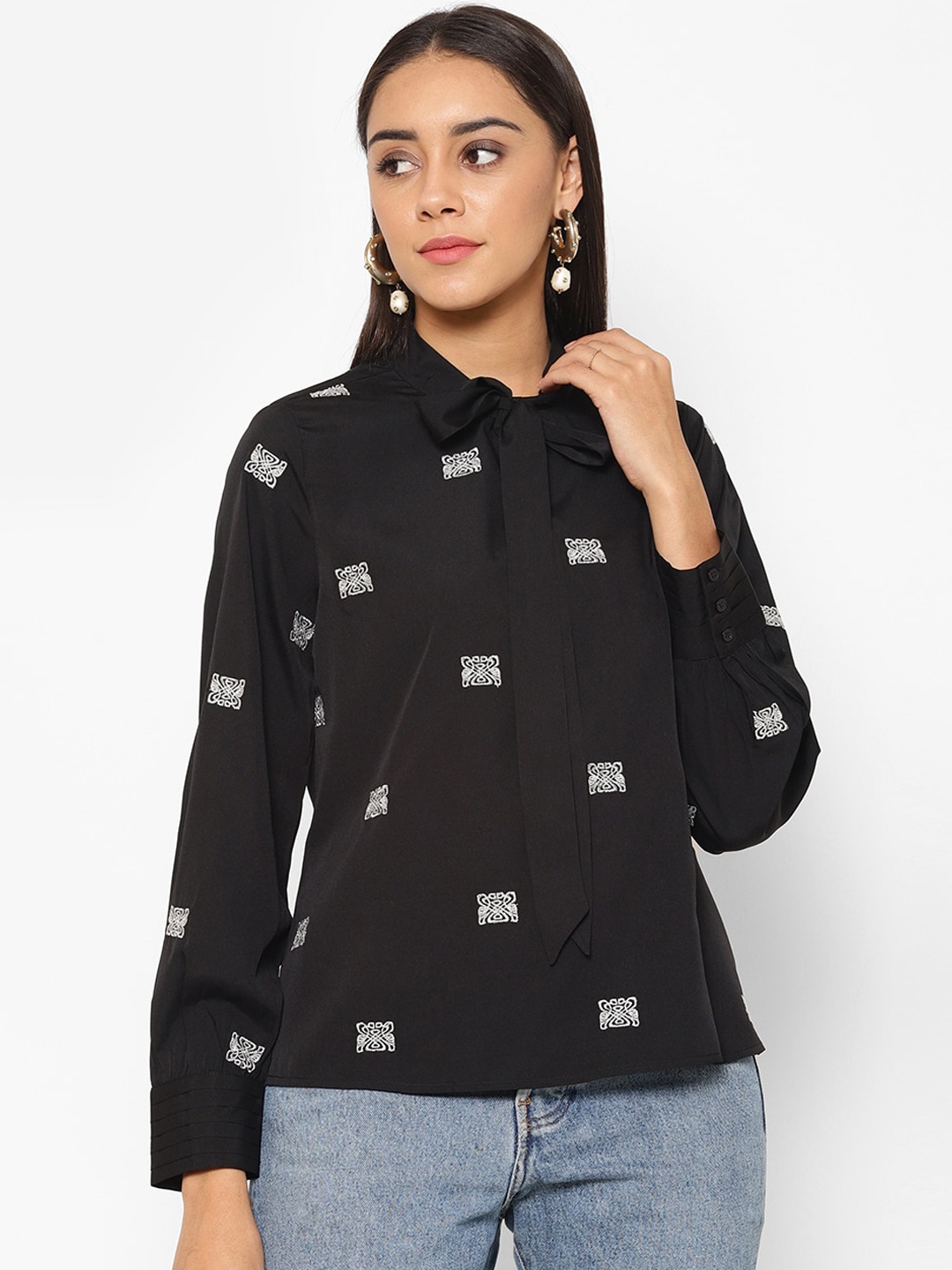 

HOUSE OF KKARMA Women Black Self Design Top