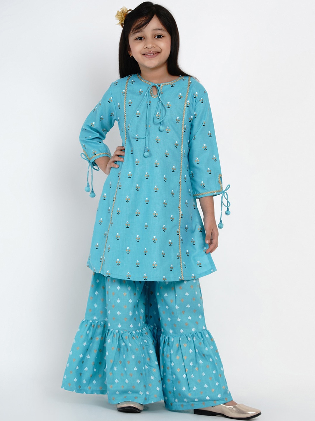

Bitiya by Bhama Girls Blue & White Printed Kurta with Sharara
