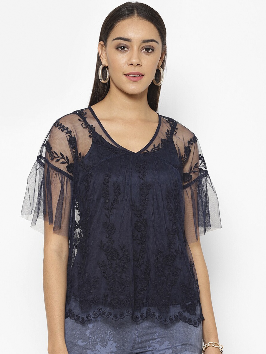 

HOUSE OF KKARMA Women Navy Blue Self Design Top