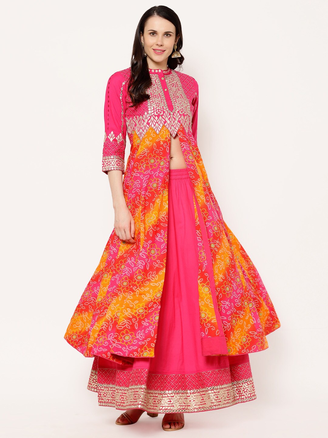 

Ramas Women Pink & Yellow Printed Kurta with Skirt
