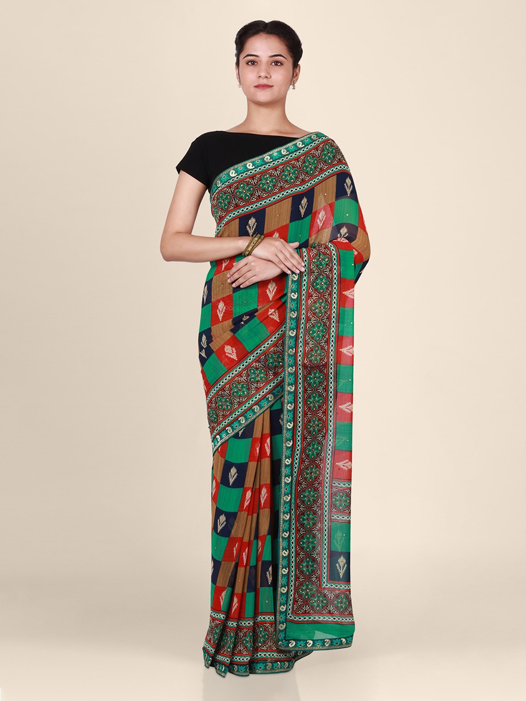 

CLAI WORLD Green & Red Poly Georgette Printed Saree