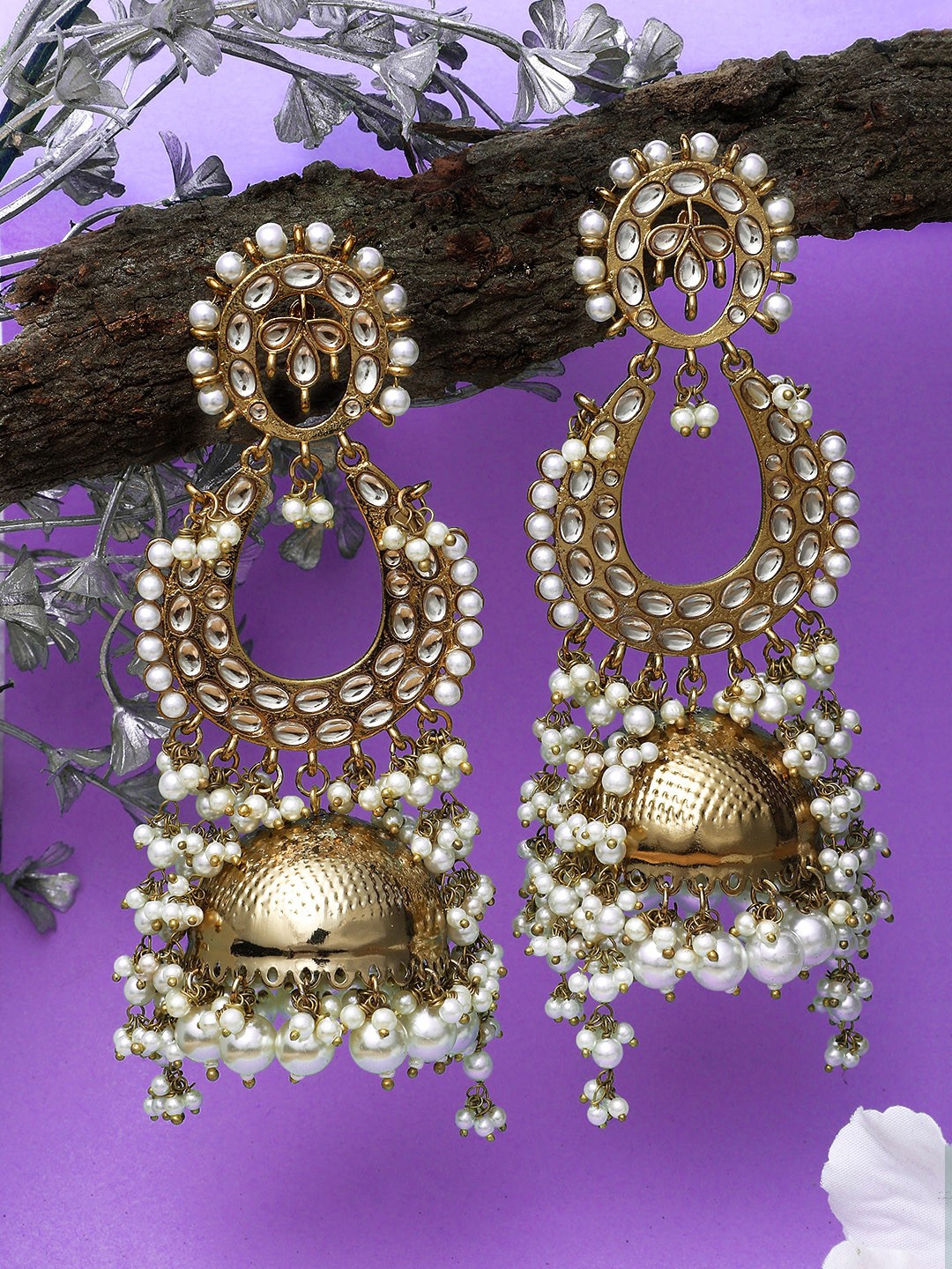 

Mali Fionna Gold-Toned & White Dome Shaped Jhumkas