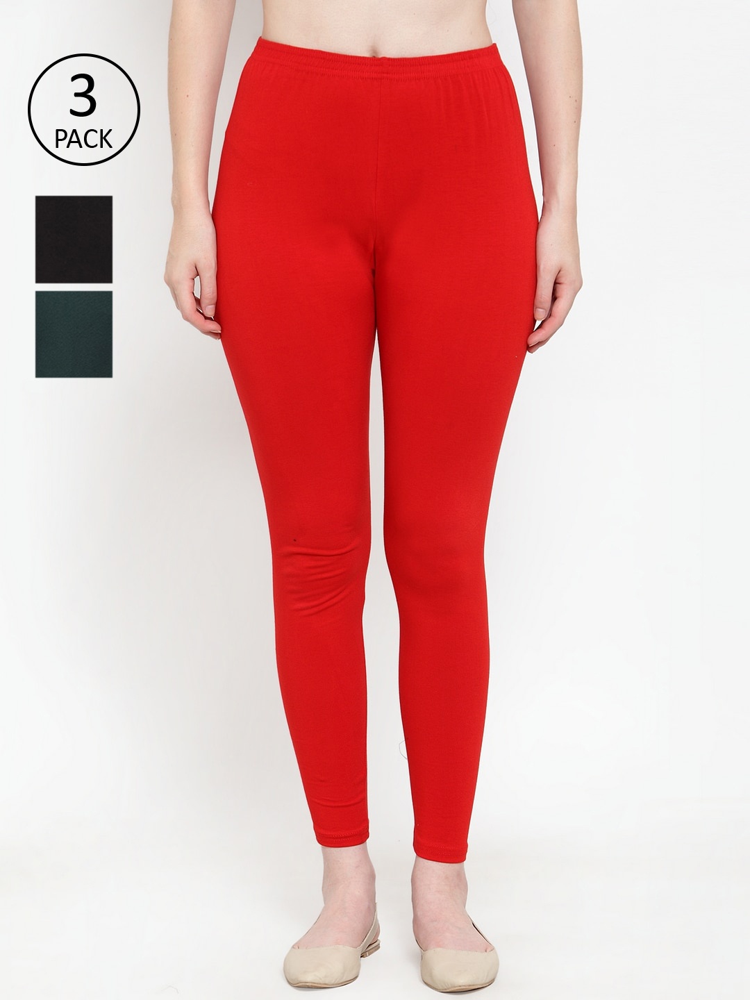 GRACIT Women Black Red And Green Solid Churidar-Length Leggings