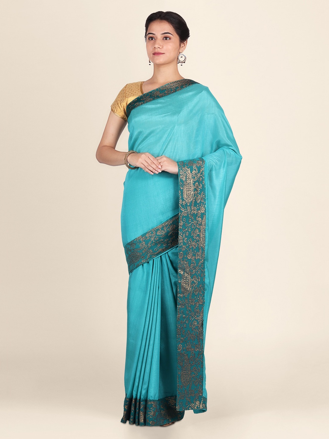 

CLAI WORLD Blue Solid Silk Blend Saree