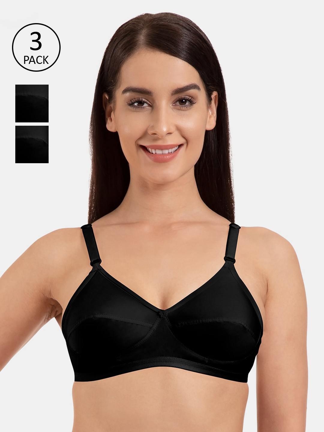 KOMLI Pack Of 3 Black Solid Non-Wired Heavily Padded Everyday Bra K-9113-3PC-BLK-30B