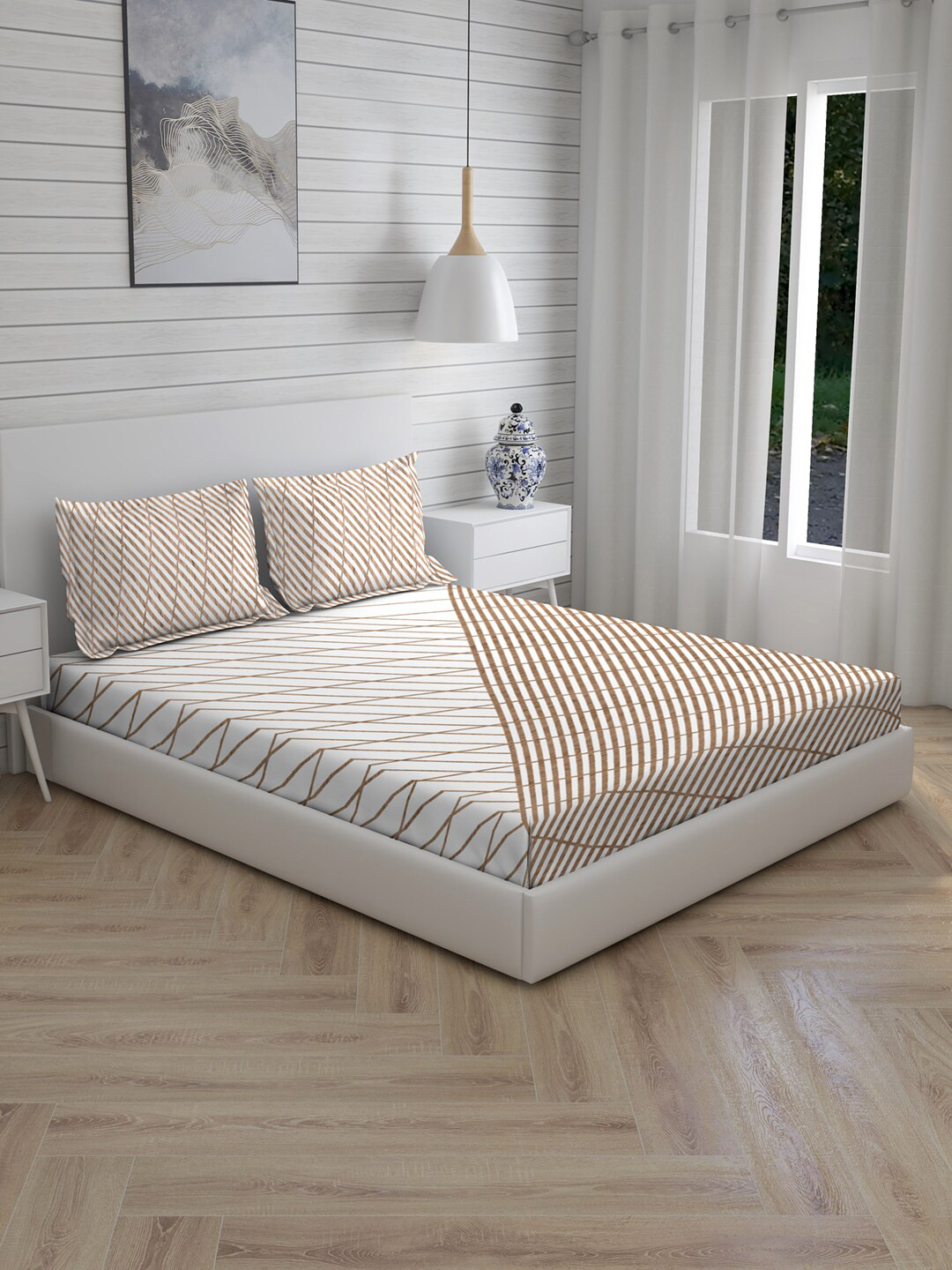 

Boutique Living India Brown & White Striped Double Bedsheet with 2 Pillow Covers
