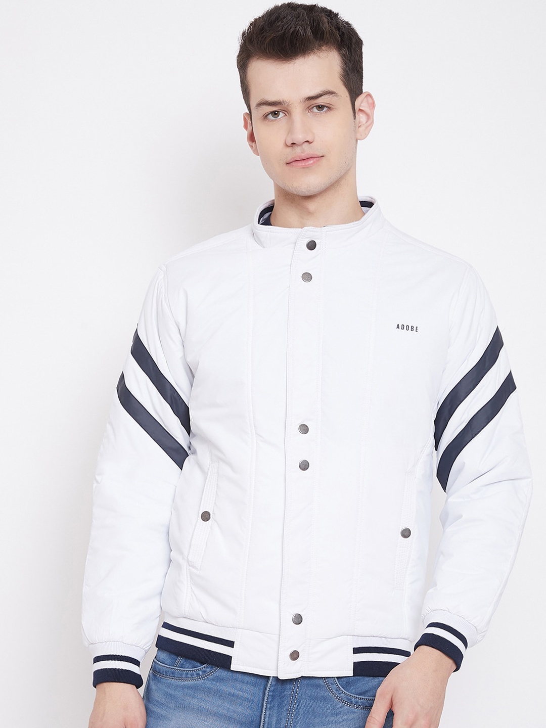 

Adobe Men White Striped Lightweight Bomber Jacket