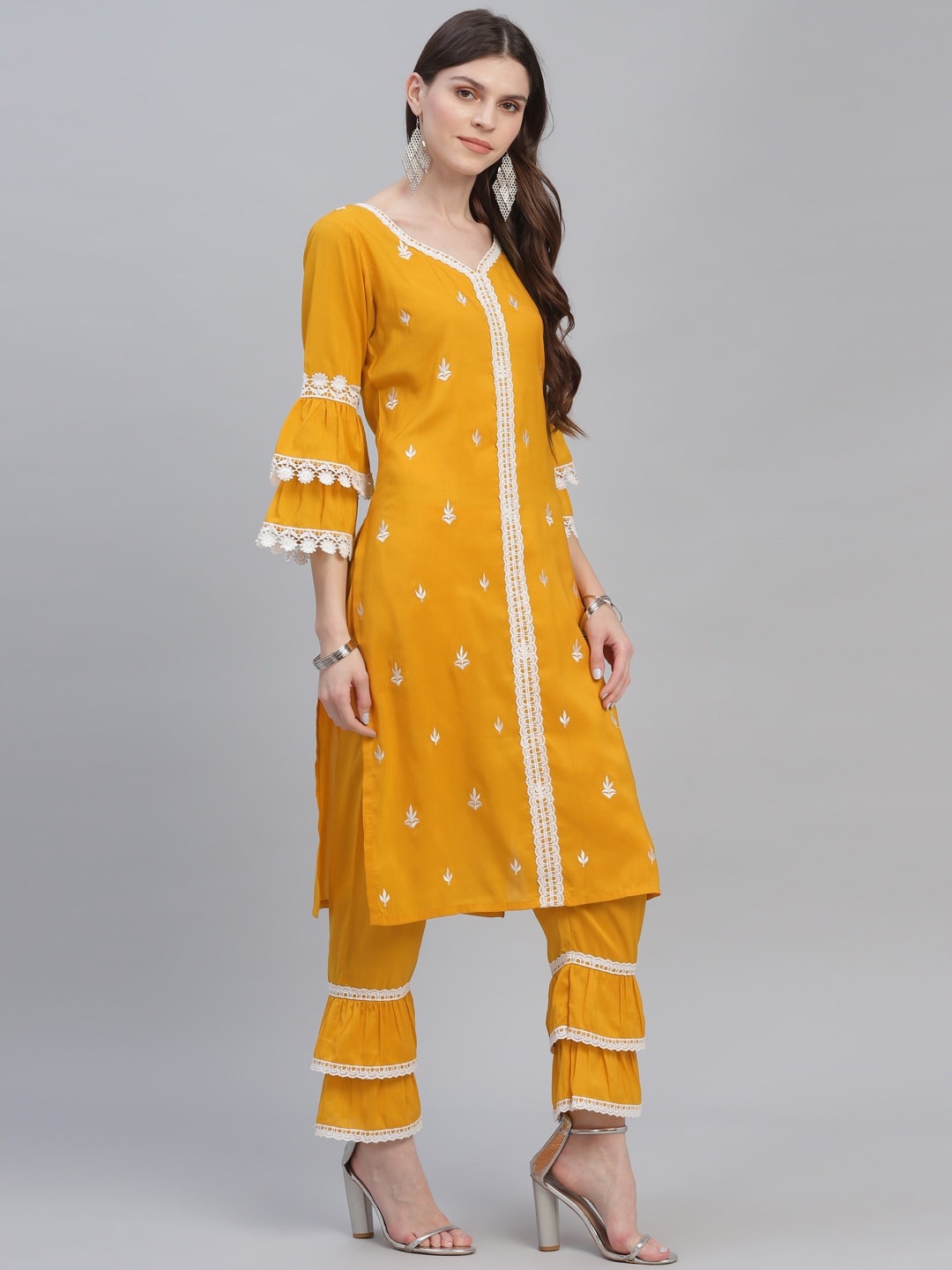 

Libas Women Mustard Yellow & White Embroidered Kurta with Trousers & Dupatta