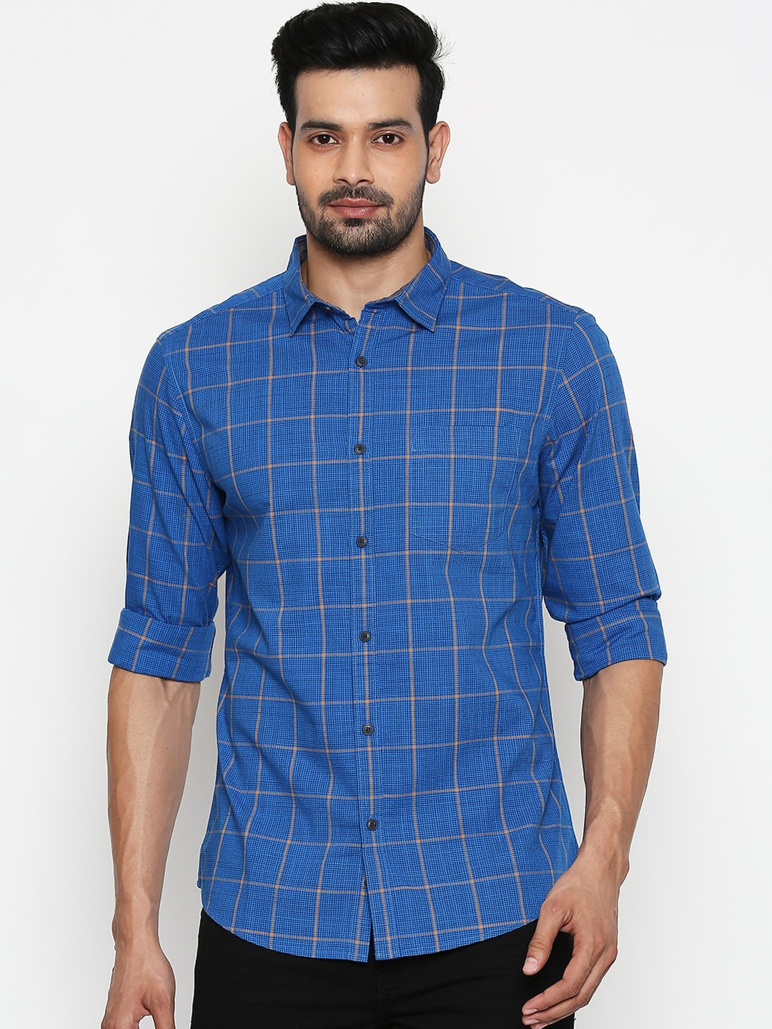 

BYFORD by Pantaloons Men Blue Slim Fit Checked Casual Shirt