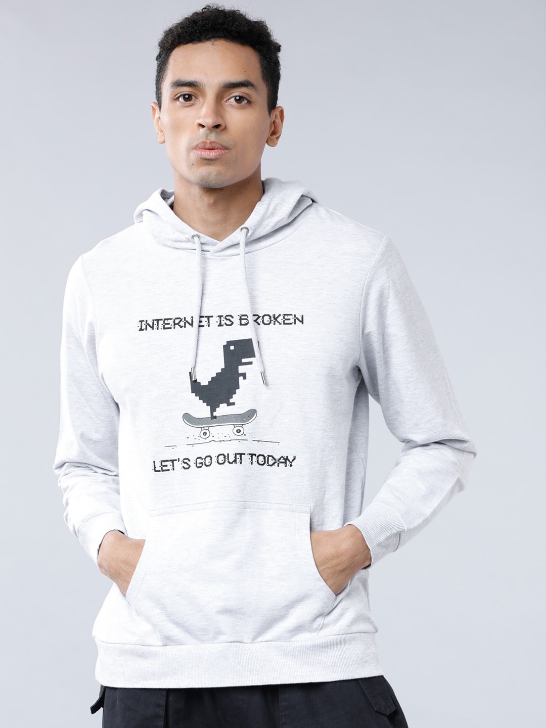 

LOCOMOTIVE Men Grey & Black Printed Hooded Sweatshirt