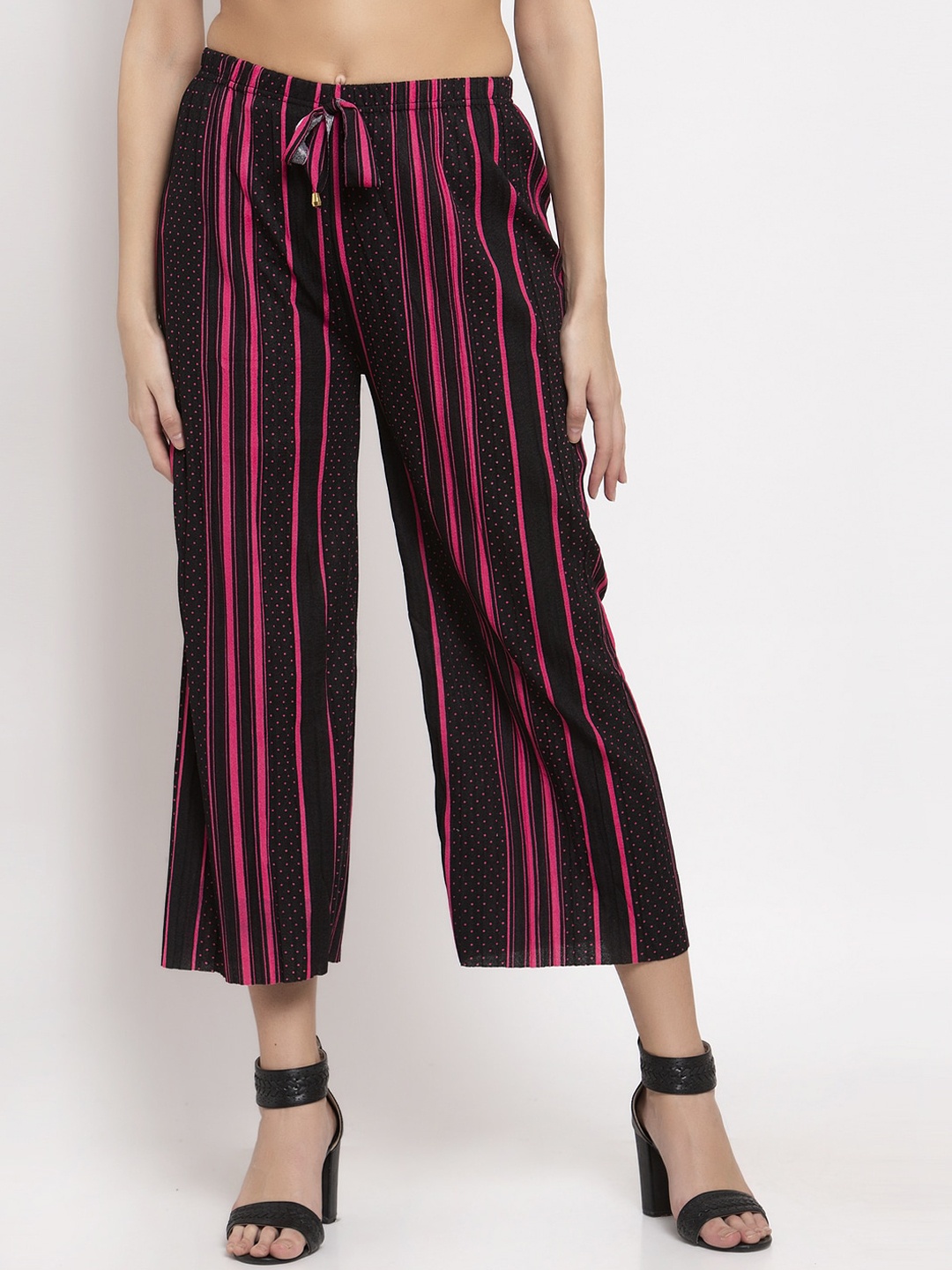 

KLOTTHE Women Pink & Black Striped Straight Fit Cropped Palazzos