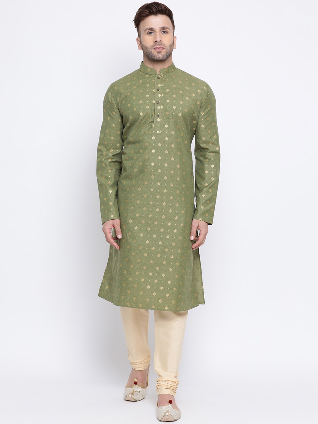 

NAMASKAR Men Green & Gold-Toned Woven Design Straight Kurta