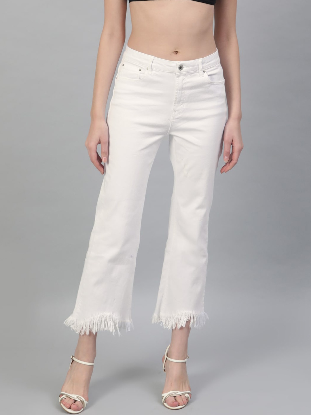 

STREET 9 Women White Wide Leg Mid-Rise Raw Edge Stretchable Jeans