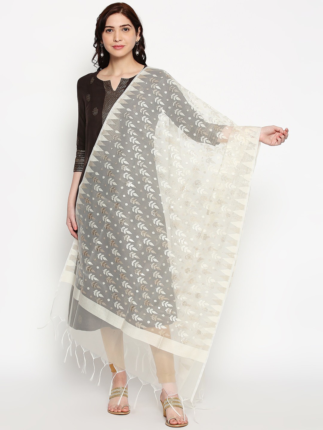 

RANGMANCH BY PANTALOONS Women Off-White Embroidered Sheer Dupatta