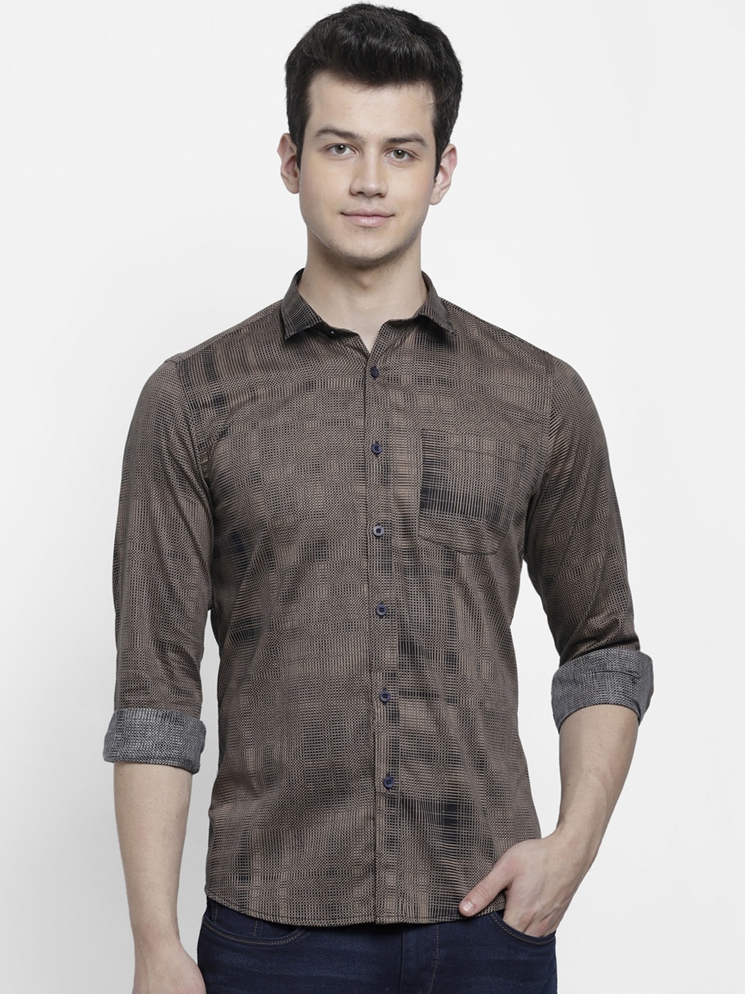

cape canary Men Coffee Brown & Black Regular Fit Checked Casual Shirt
