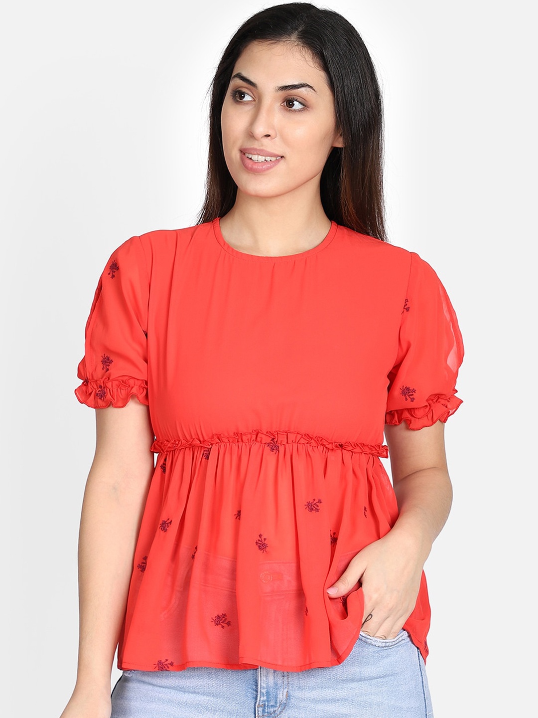 

Yaadleen Women Coral Red Printed Empire Top