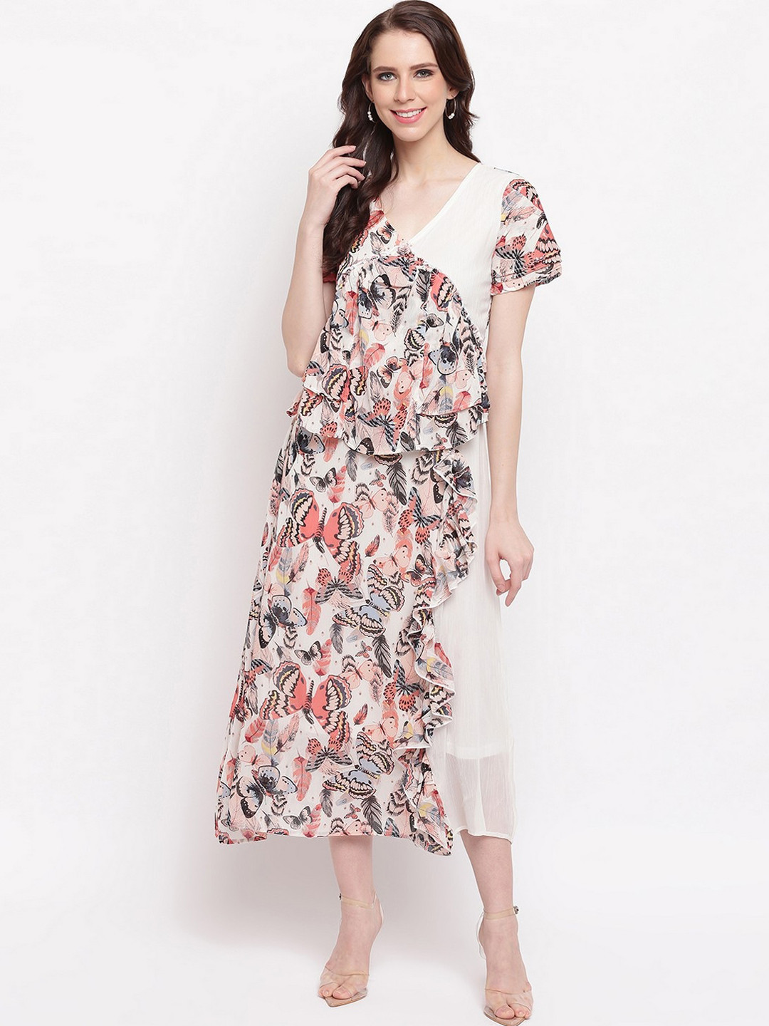 

RIVI Women White Printed A-Line Dress