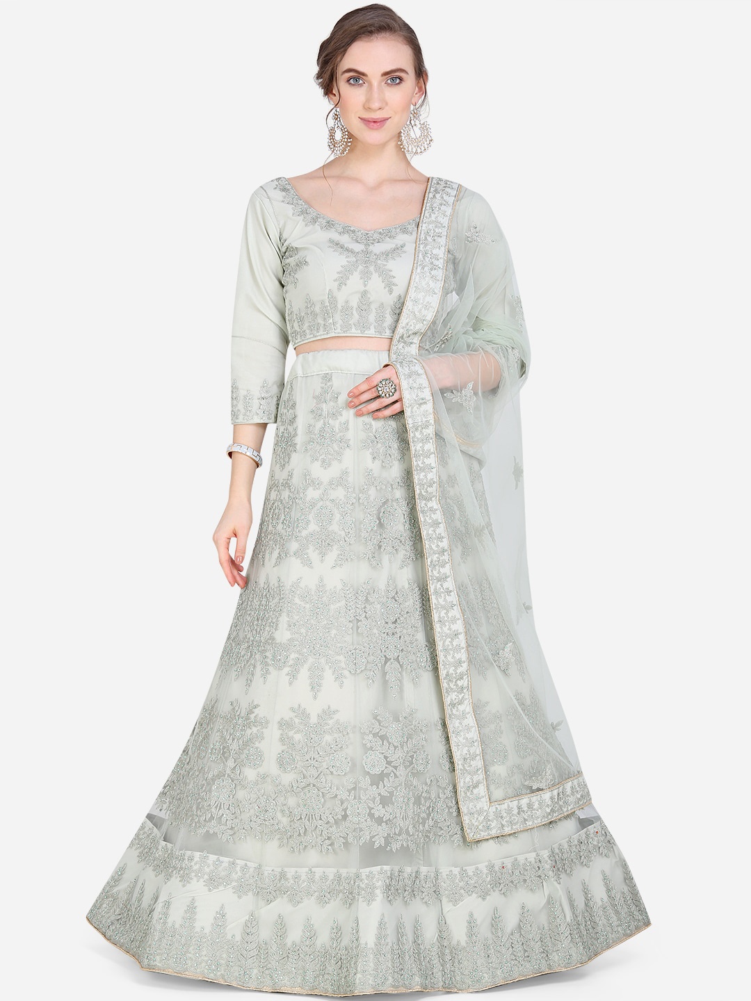 

Mitera Pastel Green Semi-Stitched Lehenga & Blouse with Dupatta