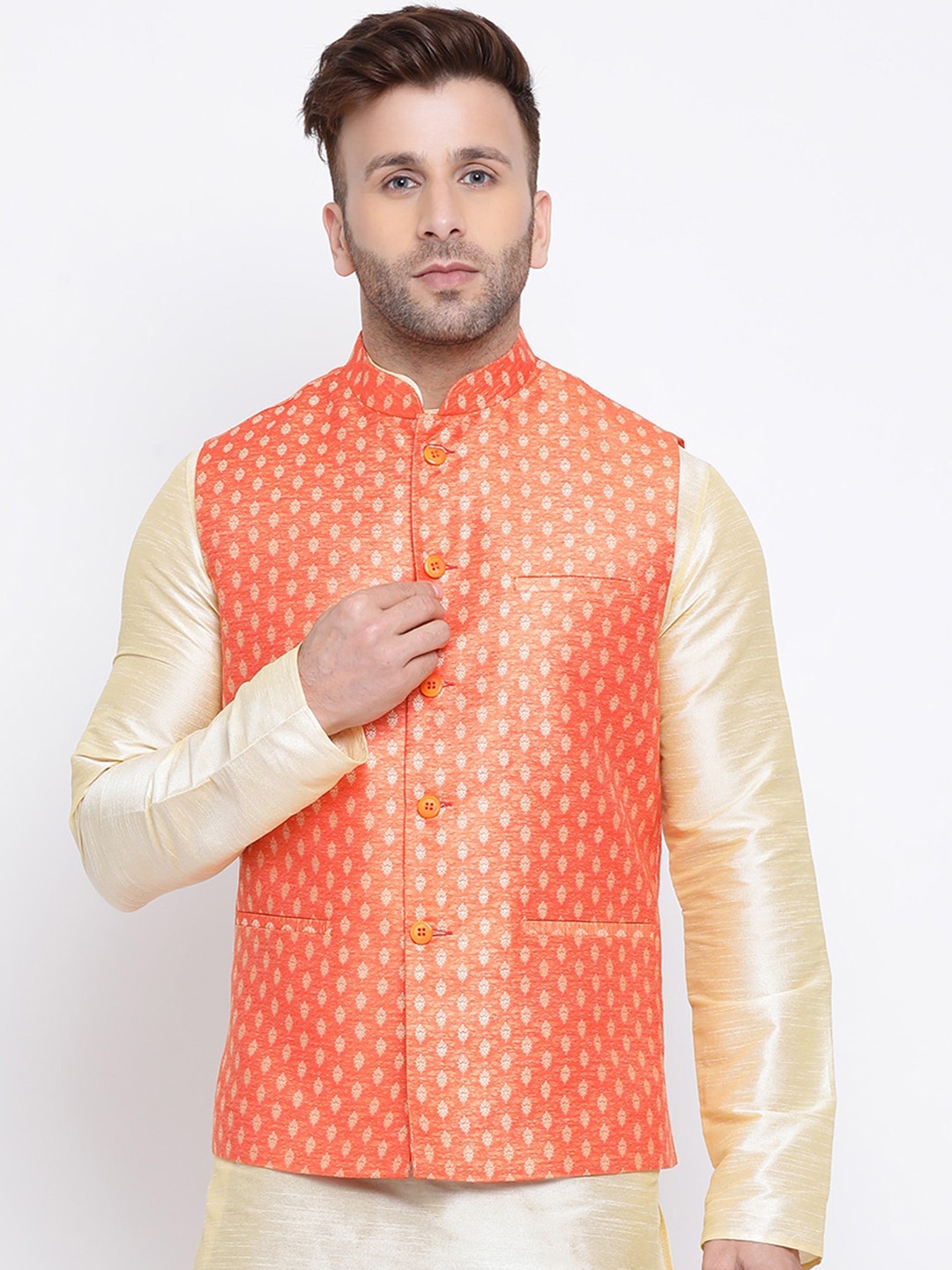 

NAMASKAR Men Orange & White Printed Woven Nehru Jacket