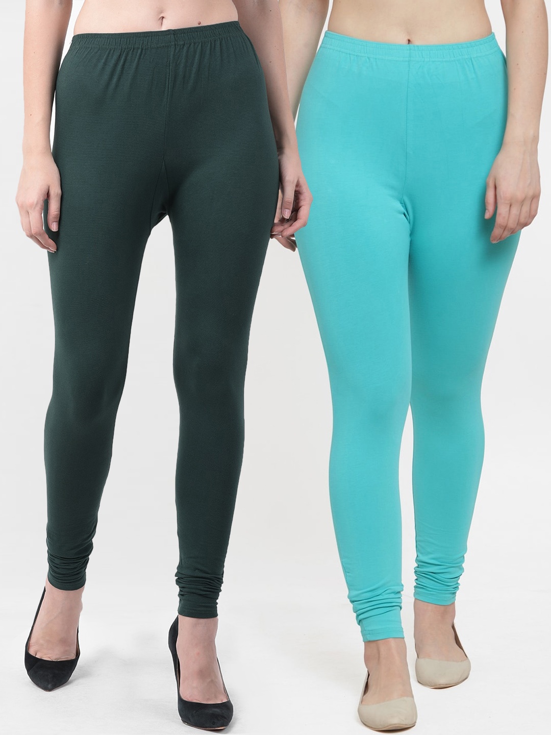 

GRACIT Women Pack of 2 Green & Blue Solid Churidar Length Leggings