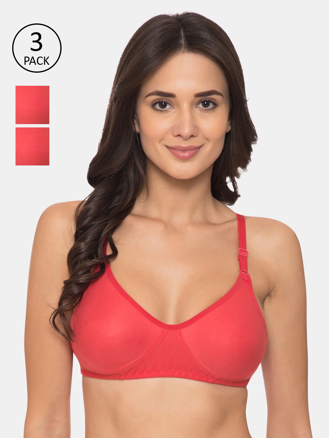 KOMLI Pack Of 3 Coral Red Solid Non-Wired Non Padded Everyday Bra