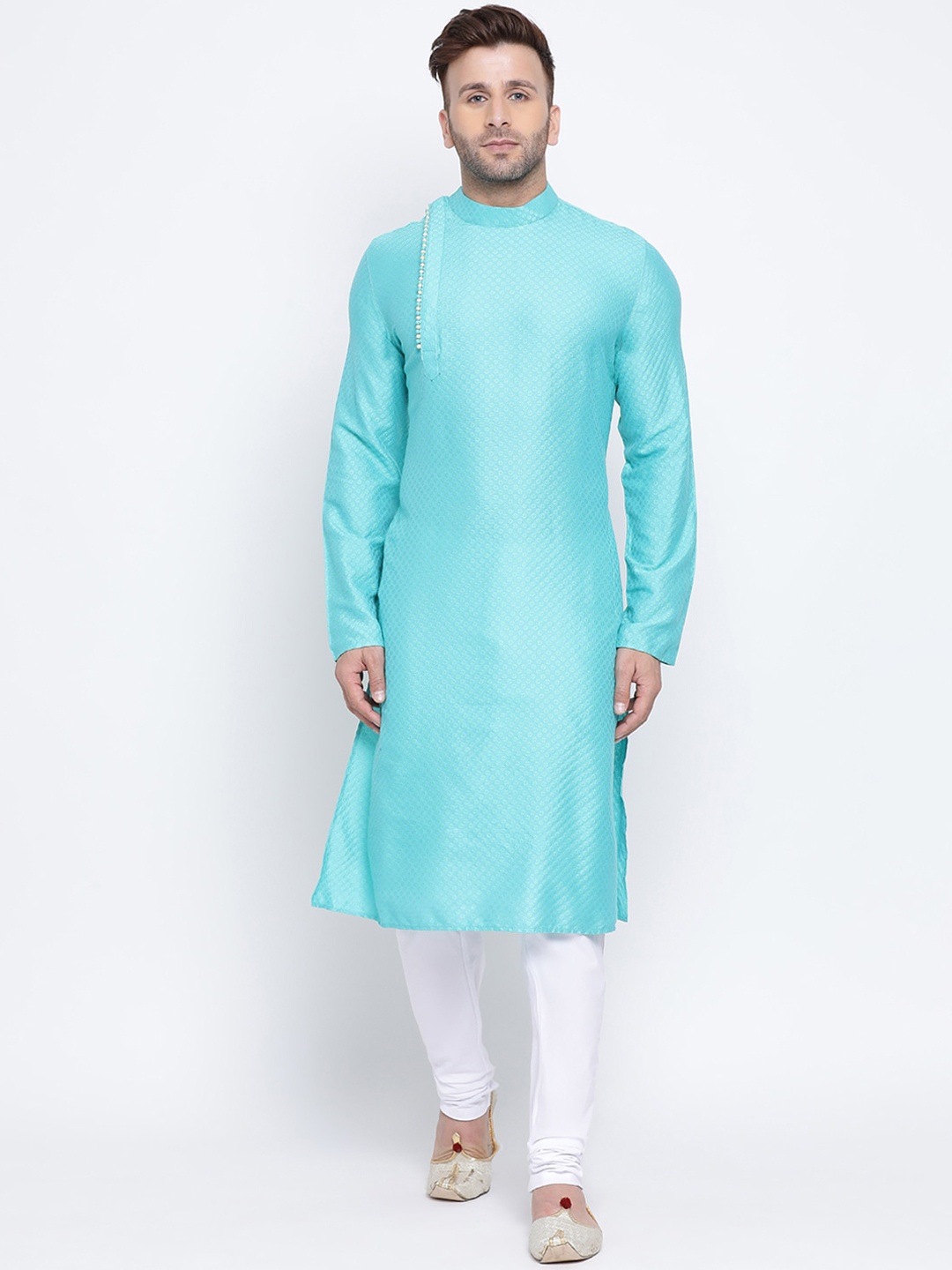 

NAMASKAR Men Blue Jacquard Self Design Straight Kurta