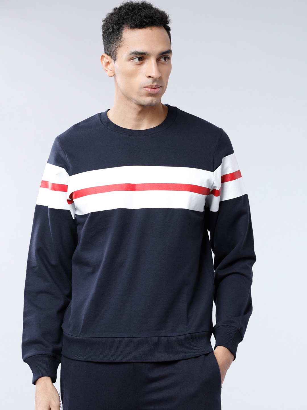 HIGHLANDER Men Navy Blue & White Striped Sweatshirt