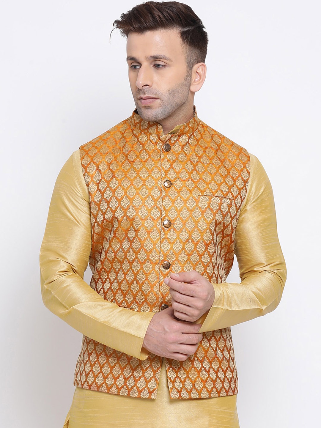 

NAMASKAR Men Orange & Gold-Colored Woven-Design Nehru Jacket
