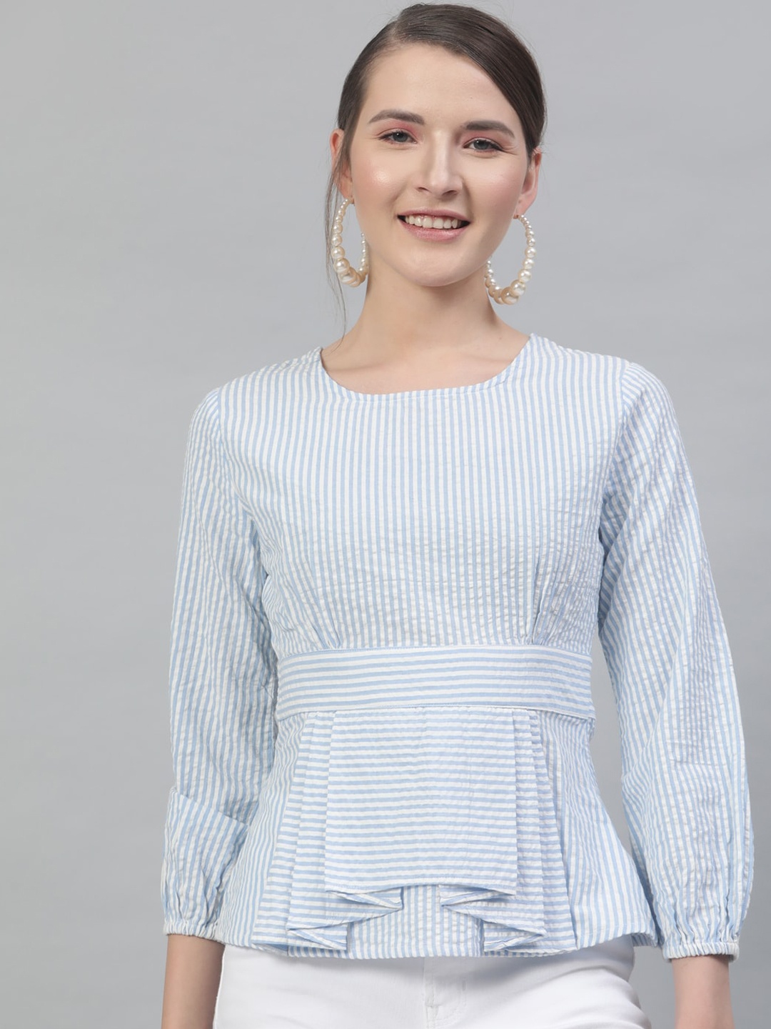 

STREET 9 Women Blue Striped Peplum Pure Cotton Top