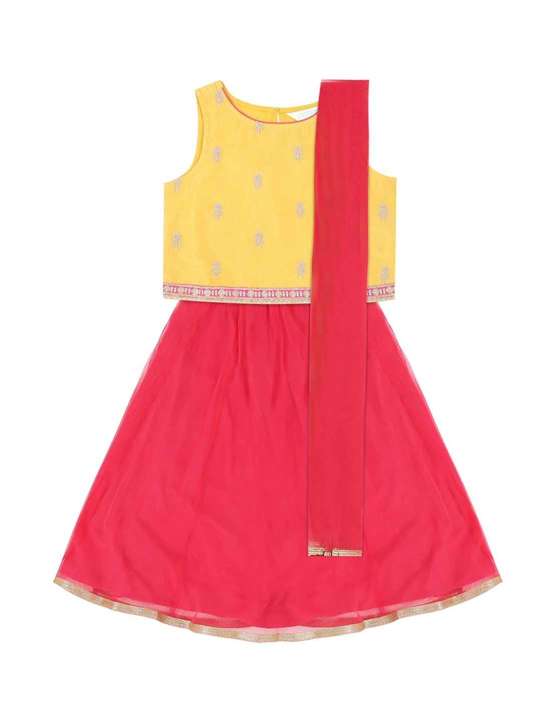 

AKKRITI BY PANTALOONS Girls Fuchsia Pink & Yellow Embroidered Lehenga Choli