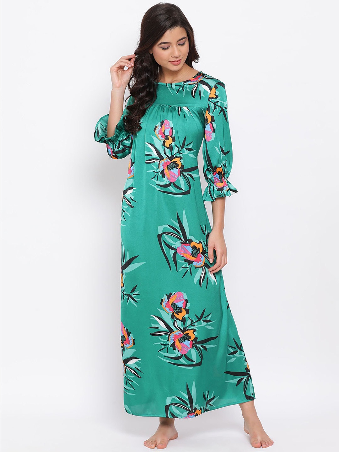 

Oxolloxo Women Teal Green & Black Floral Printed Maxi Nightdress