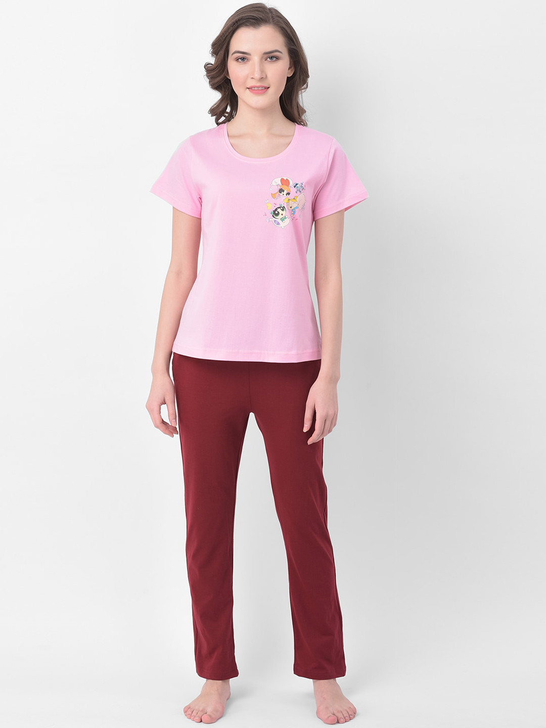 

Clovia Women Pink & Maroon Printed Night Suit