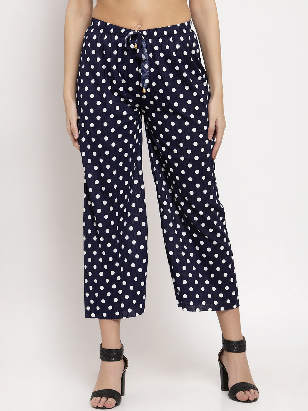 

KLOTTHE Women Navy Blue & White Polka Dots Printed Cropped Palazzos