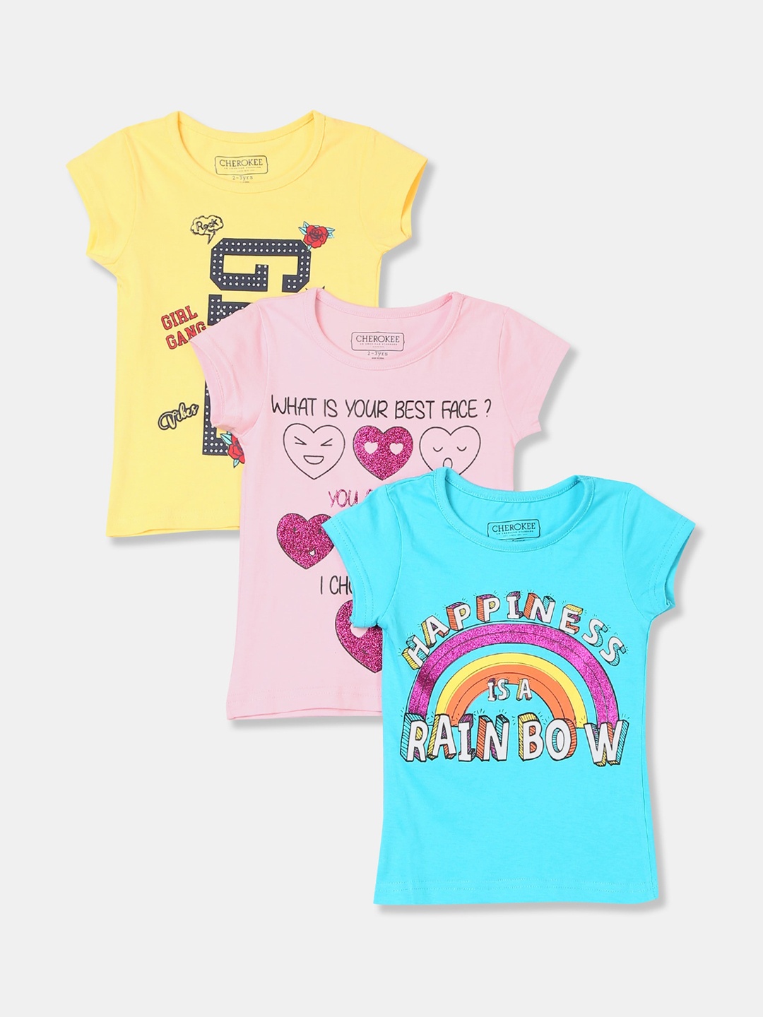 

Donuts Girls Pack Of 3 Printed Round Neck Pure Cotton T-shirt, Yellow