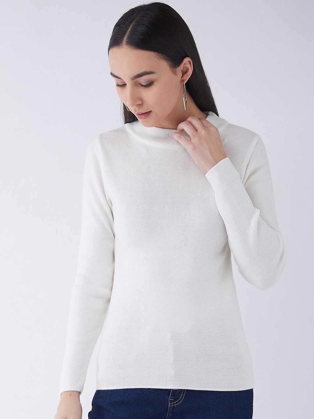 

RVK Women Acrylic Off-White Ribbed Pullover Sweater