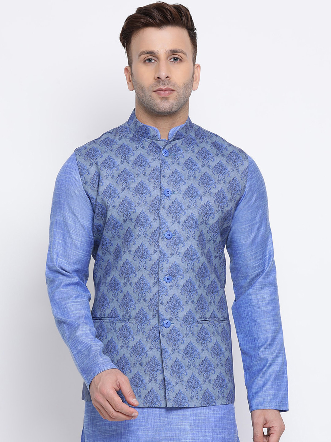 

NAMASKAR Men Blue Printed Nehru Jacket