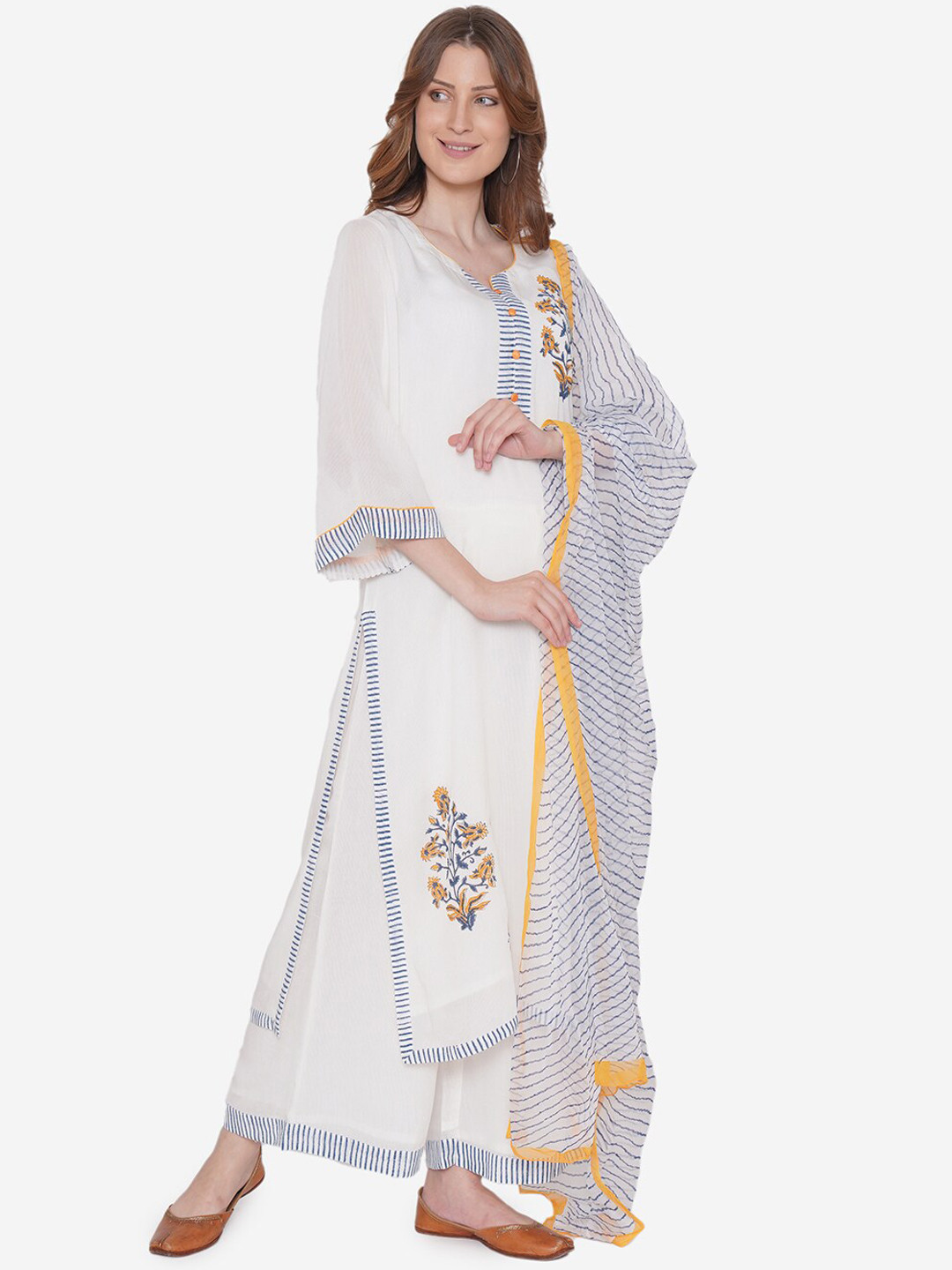 

Laado - Pamper Yourself Women White Hand Block Printed Sustainable Kurta with Palazzos & Dupatta