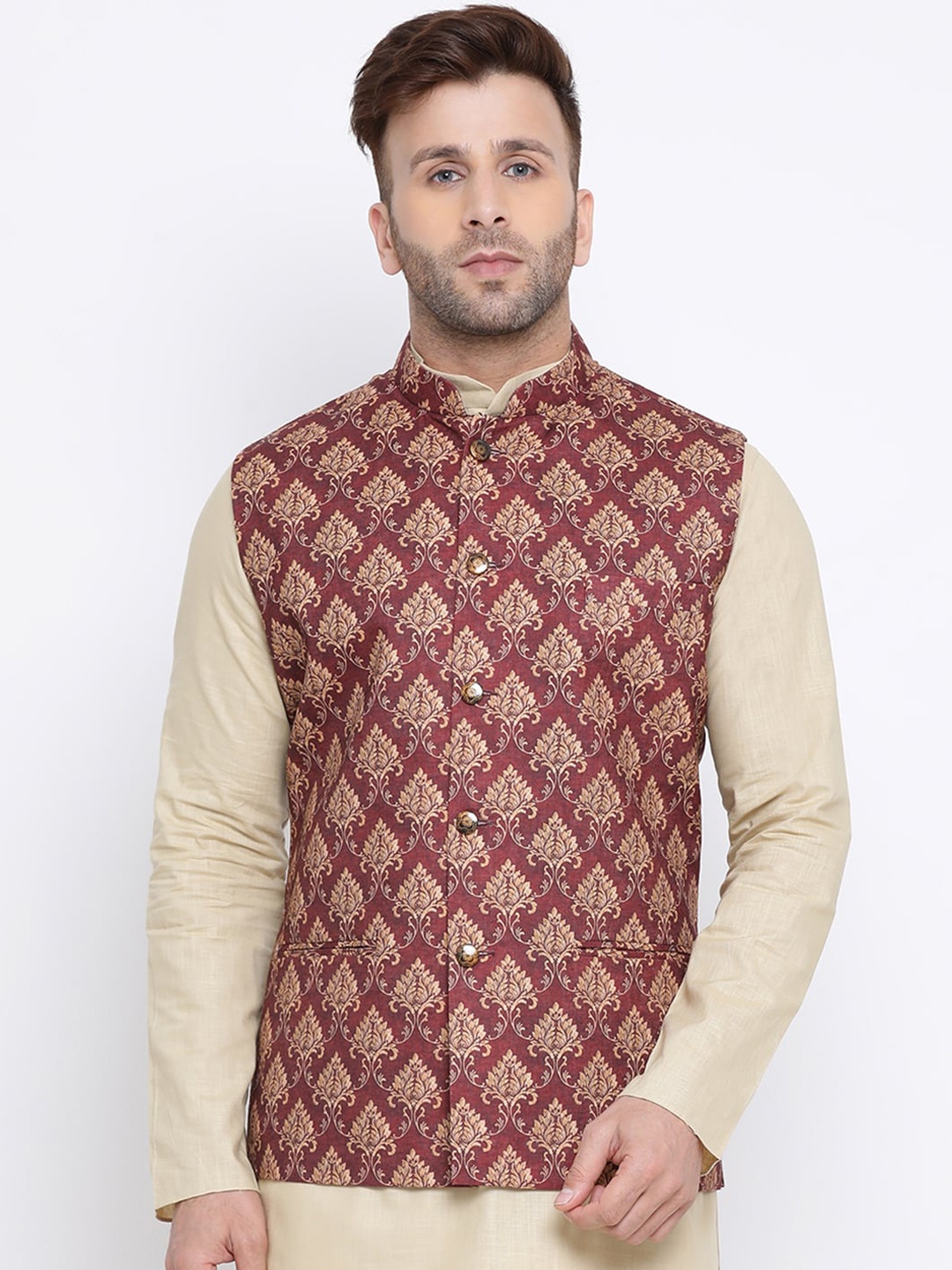 

NAMASKAR Men Brown Printed Nehru Jacket