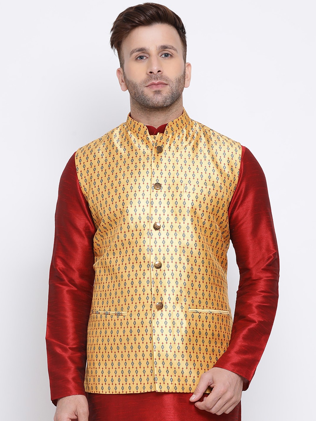 

NAMASKAR Men Yellow Printed Nehru Jacket
