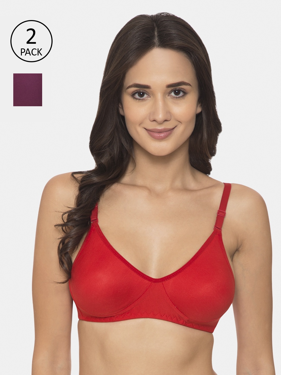 

KOMLI Pack Of 2 Red & Purple Solid Non-Wired Non Padded Everyday Bra K-983-RD-2PC-MG-30B