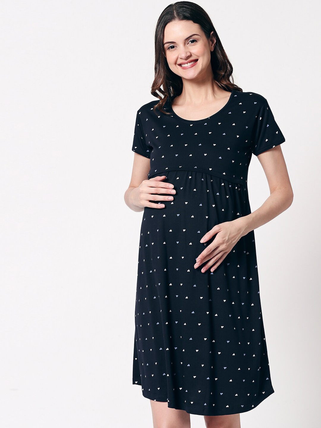 

Zeyo Women Navy Blue Pure Cotton Printed Maternity & Feeding Nightdress