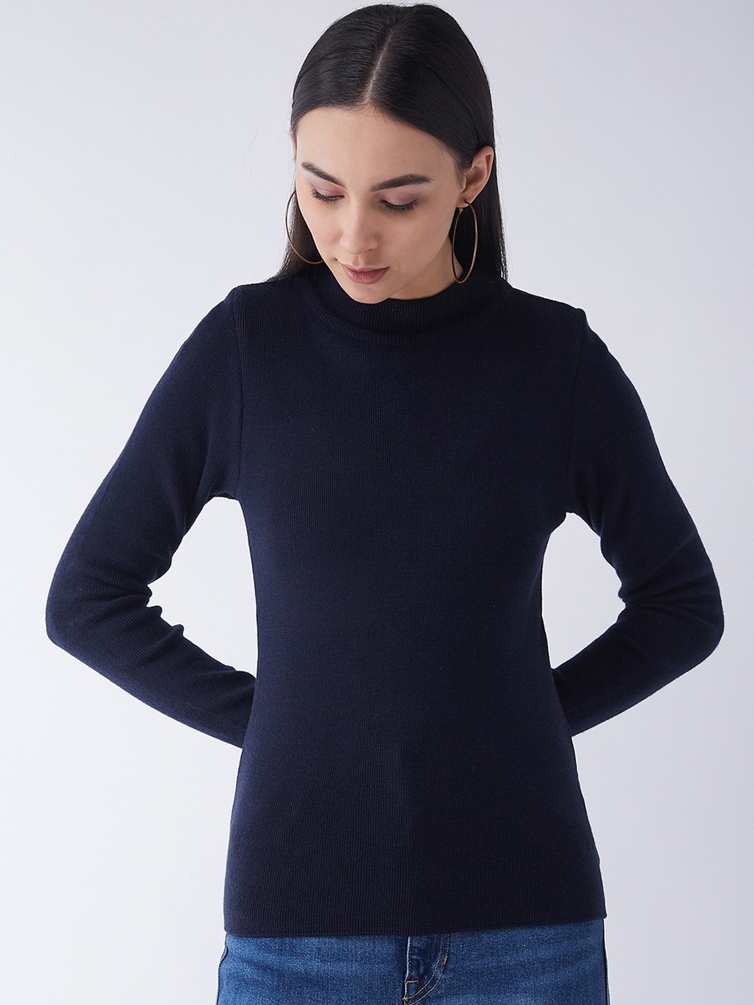 

RVK Women Acrylic Navy Blue Ribbed Pullover Sweater