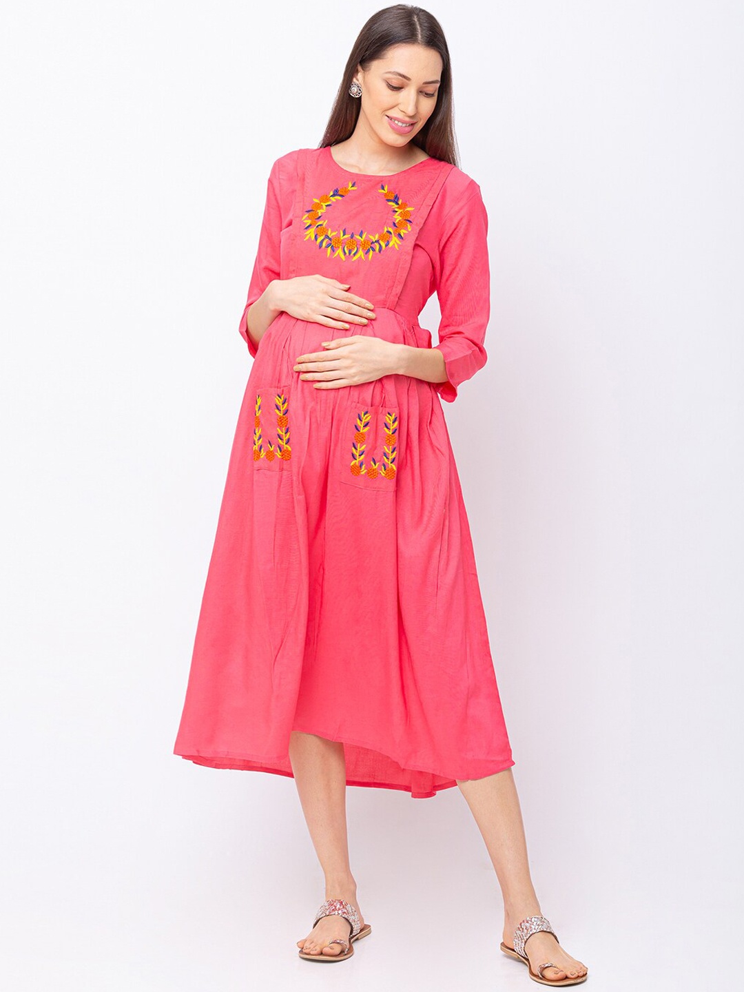 

MomToBe Women Pink Embroidered Maternity Nursing Fit and Flare Sustainable Dress