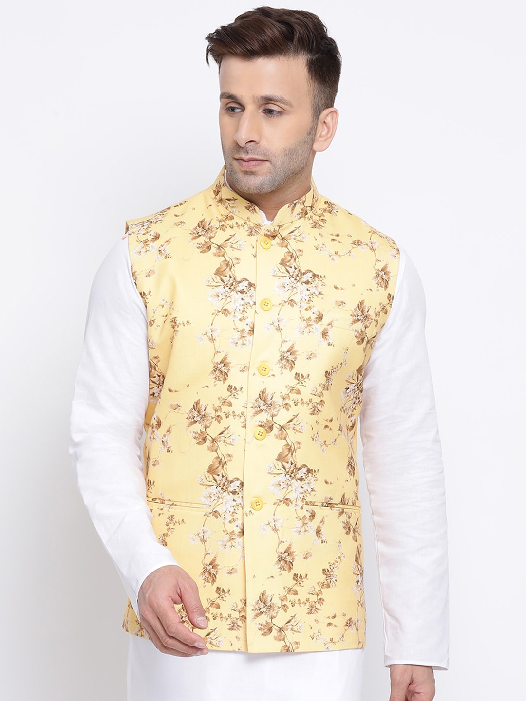 NAMASKAR Men Yellow Printed Nehru jacket