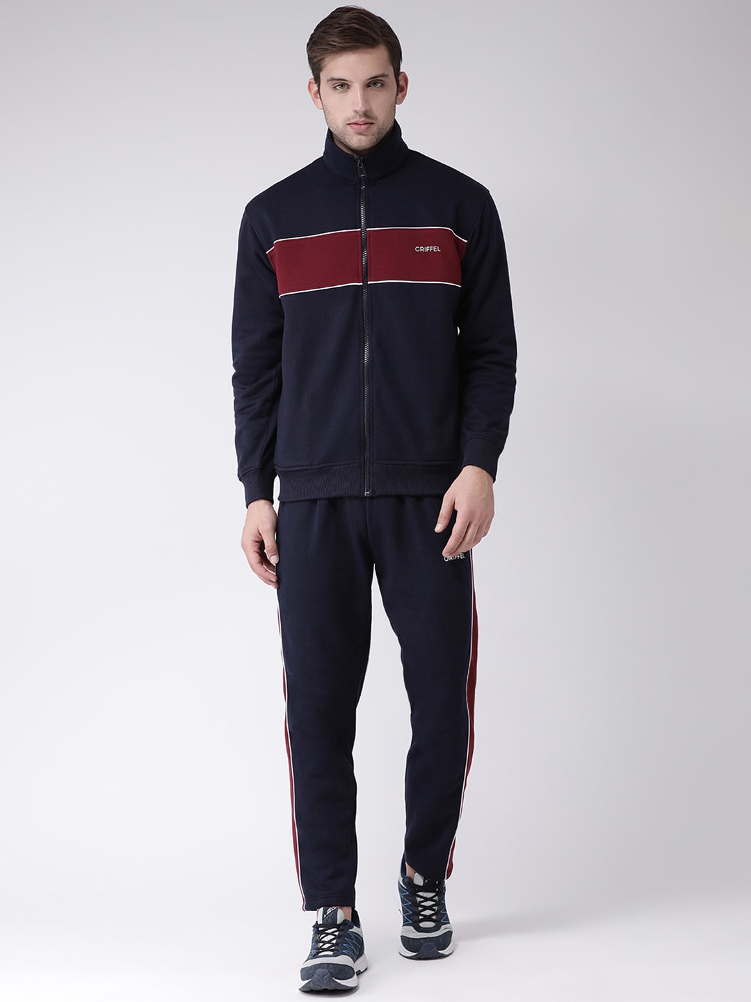 GRIFFEL Men Navy Blue & Burgundy Colourblocked Tracksuit