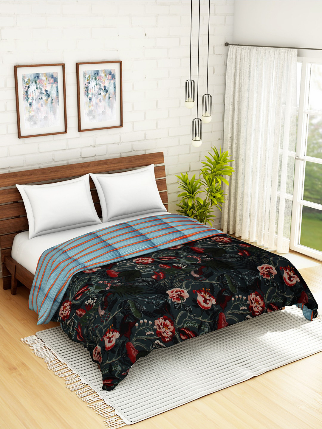 

WELHOME Unisex Black Floral Unwinders Double Quilt