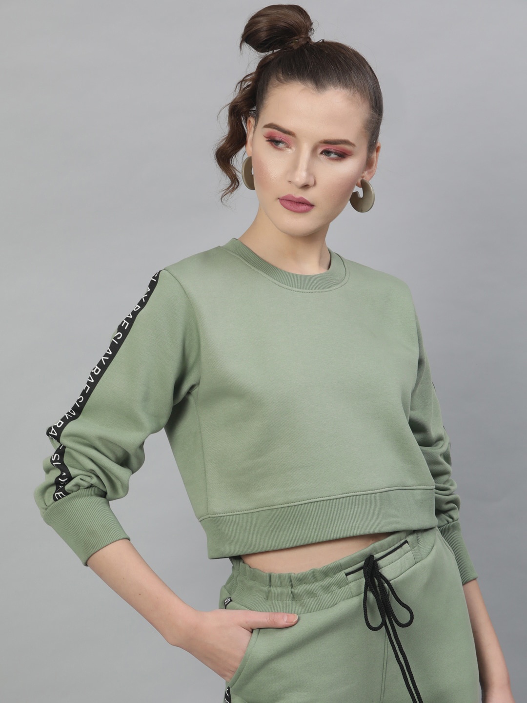 STREET 9 Women Green Solid Crop Sweatshirt With Side Stripes